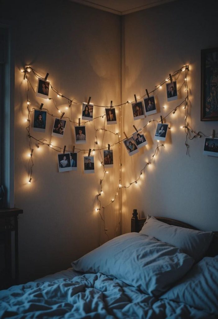 Polaroid photos clipped to twine and fairy lights draped across a grunge bedroom wall