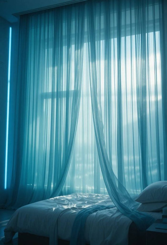 Layered sheer blue curtains hanging floor to ceiling and gently moving like water
