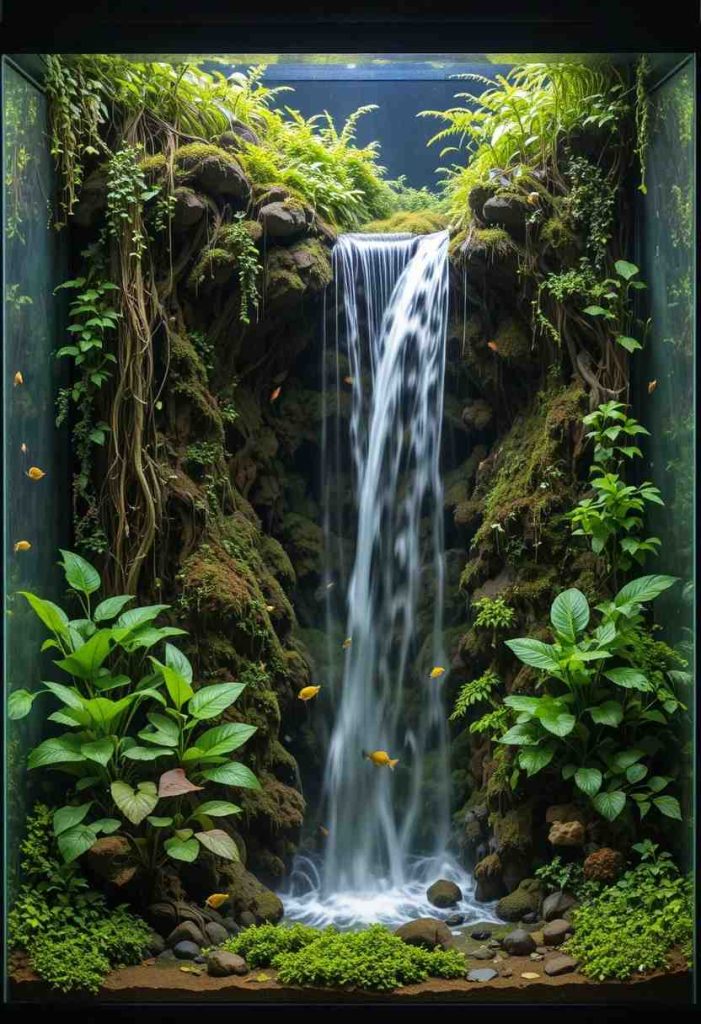 Tall paludarium with waterfall connecting a mossy land section to a planted aquarium below