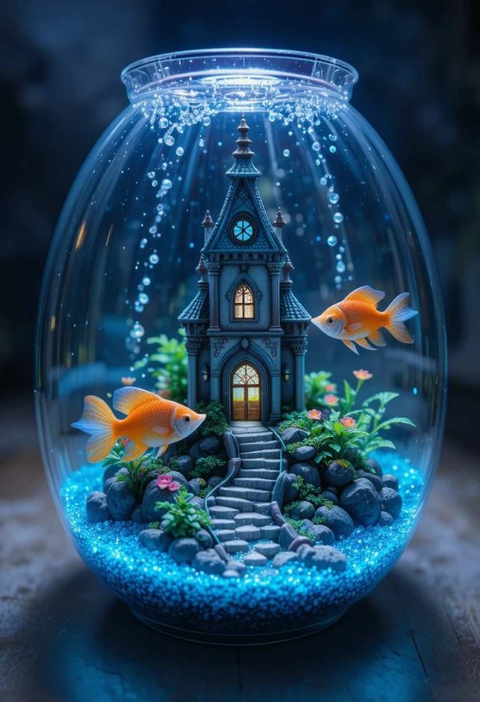 Small aquarium featuring a fairy castle centerpiece with glowing blue gravel and colorful fish