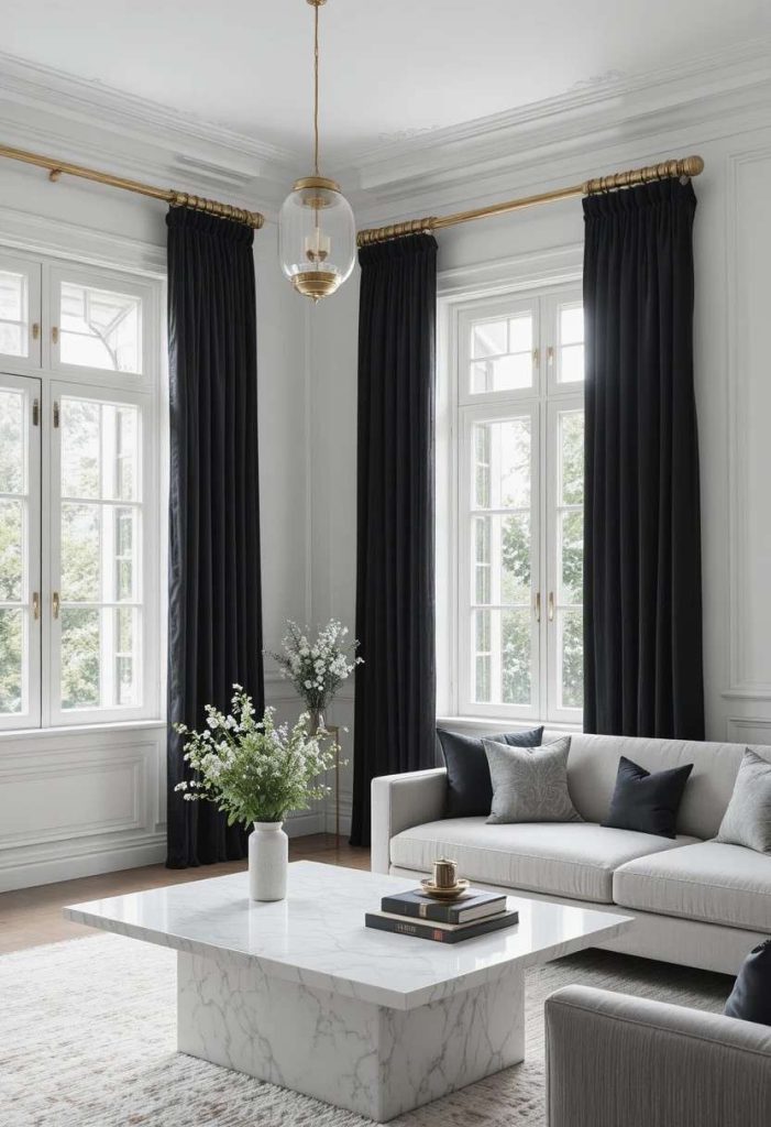 Black velvet curtains against white walls with brass hardware in a sophisticated modern living room