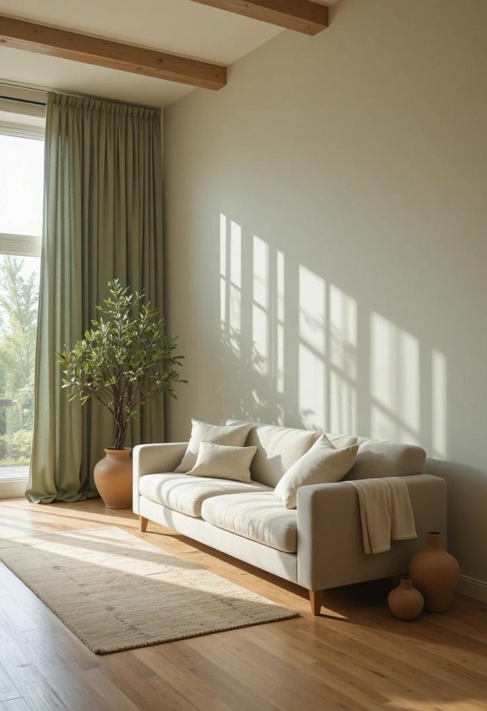  Floor-to-ceiling sage green linen curtains in a calm nature-inspired living room with cream sofa and terracotta ceramics