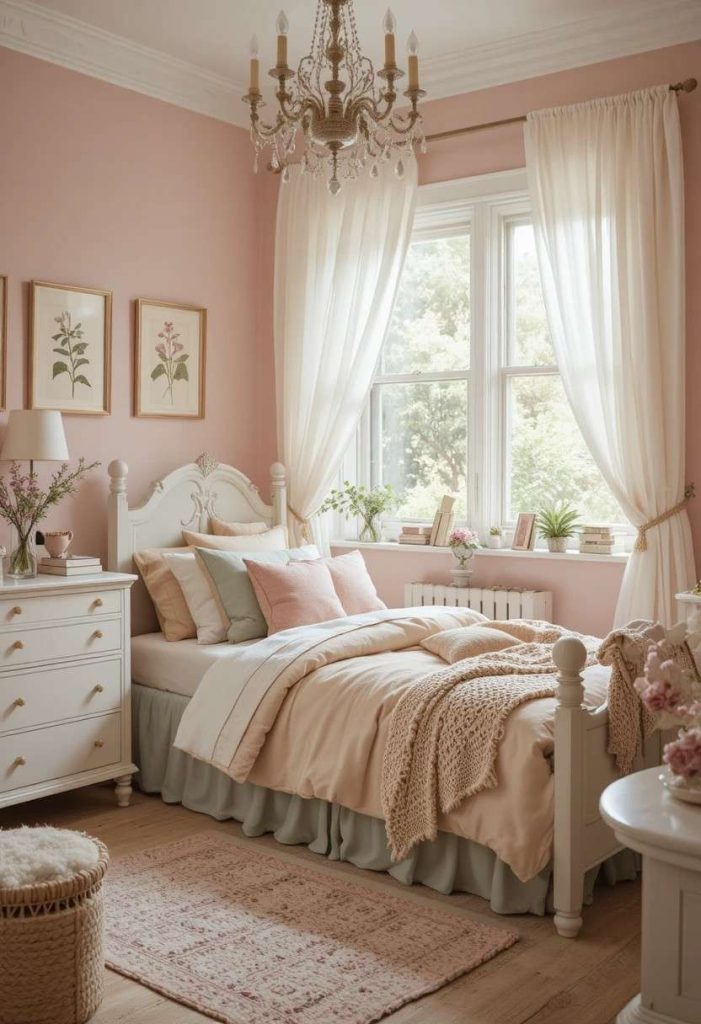 Soft vintage kids room in muted dusty rose, sage green and butter yellow with white furniture and botanical prints