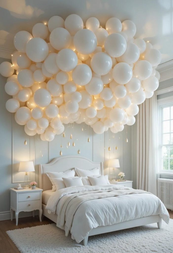 White balloon cloud installation with fairy lights floating above kids bed in a dreamy whimsical bedroom with pastel walls