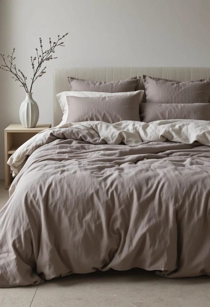 Taupe linen duvet layered with cream sheets and putty pillows on a softly styled bed