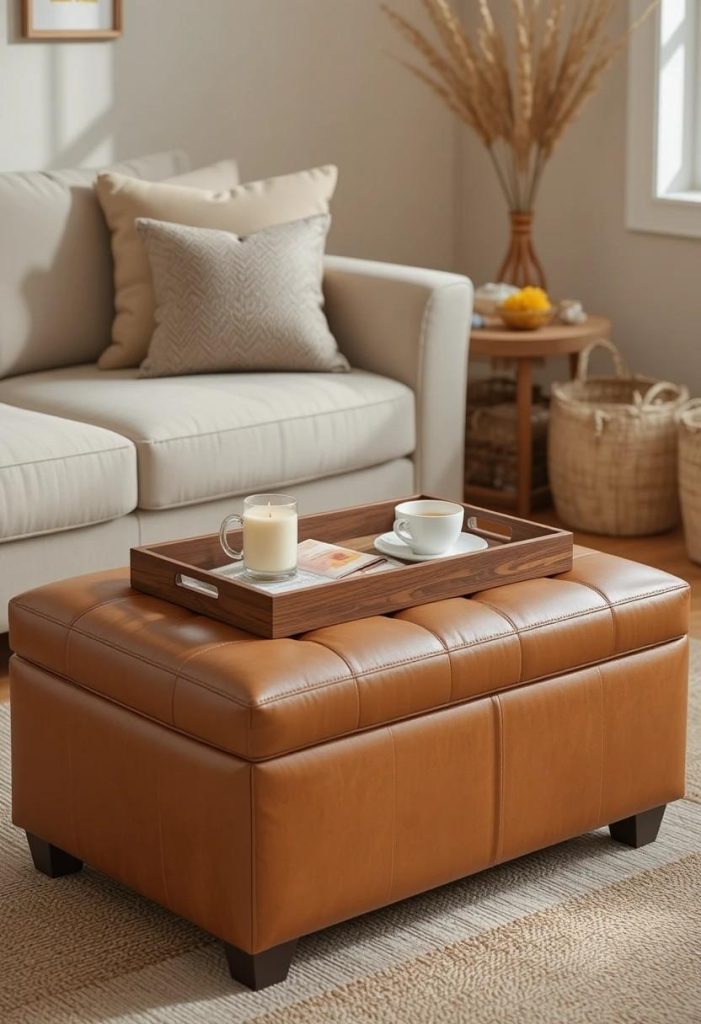 Tan leather storage ottoman doubling as coffee table with wooden tray styled with candle and book.