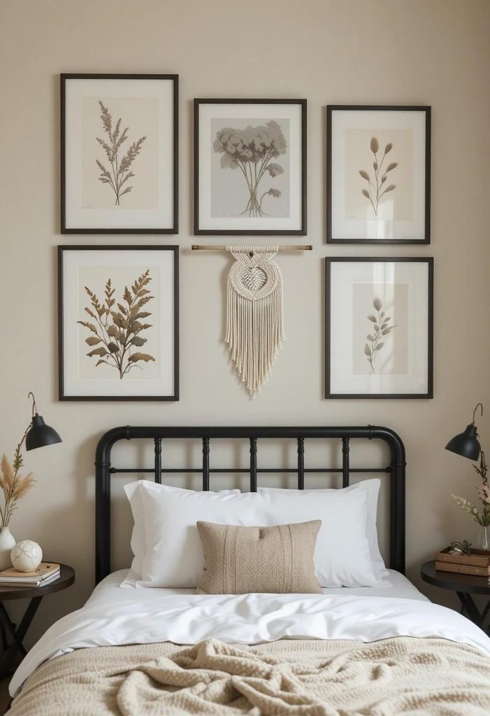 Curated boho gallery wall with botanical prints and macrame above bed in cozy small college bedroom