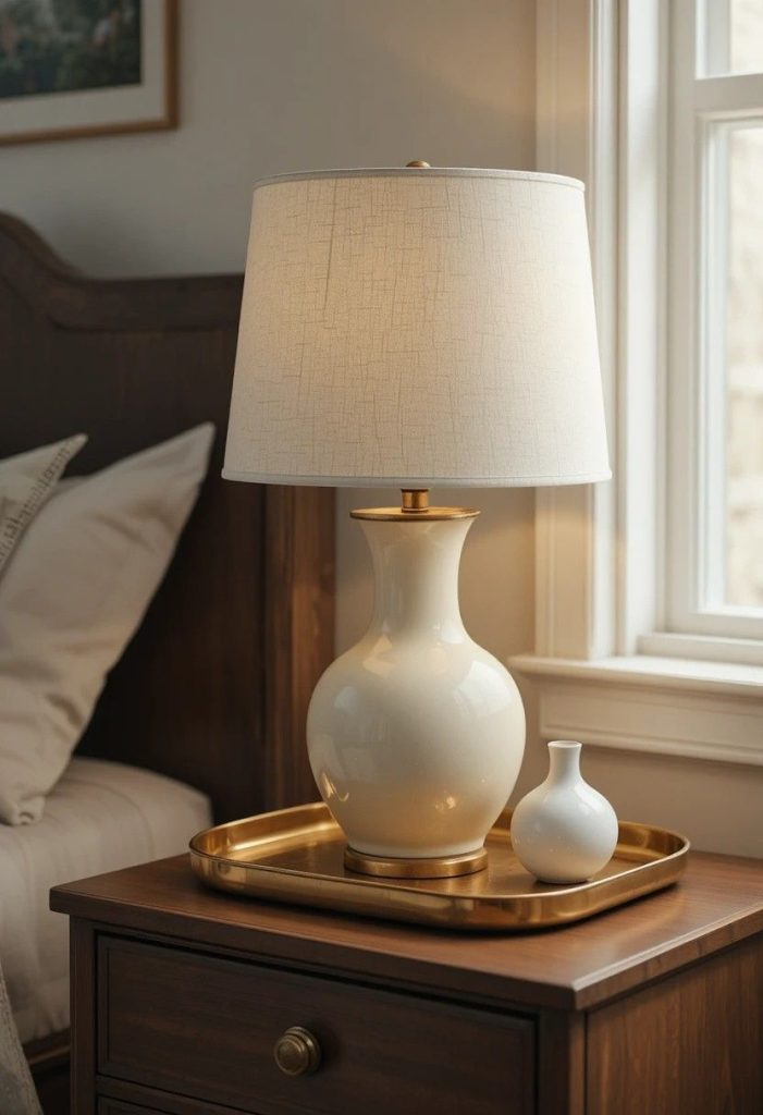 Thrifted painted cream ceramic lamp and brass tray on aesthetic college bedroom nightstand