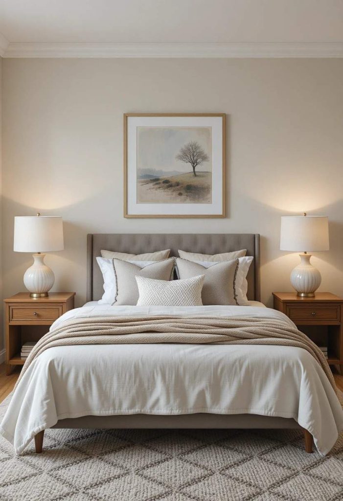 Two matching wood nightstands and lamps flanking bed in college apartment bedroom