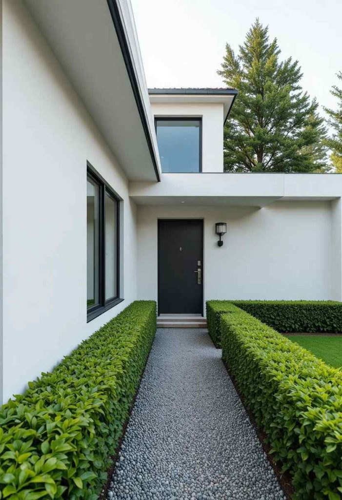 Low clipped boxwood hedge defining the front of a minimalist modern home