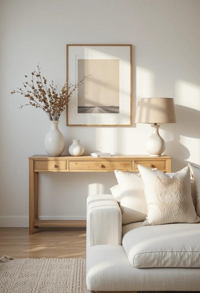 Slim oak console table styled with ceramic vases and a linen lamp sitting behind a white sofa in a Scandinavian living room.