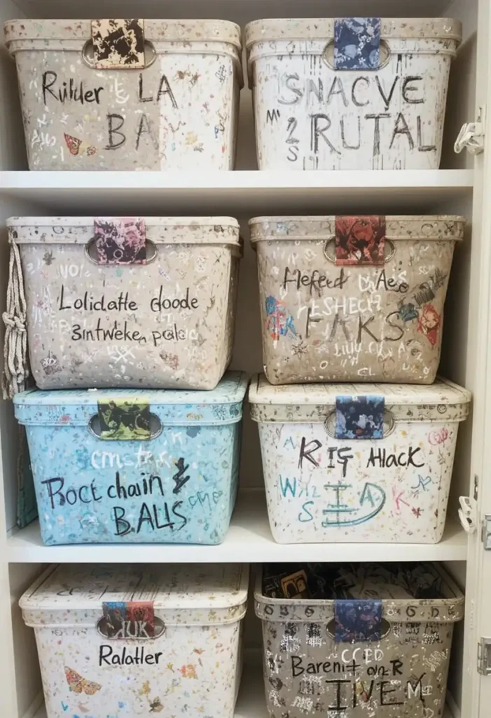 Kids closet seasonal storage bins neatly labeled and stacked on shelf