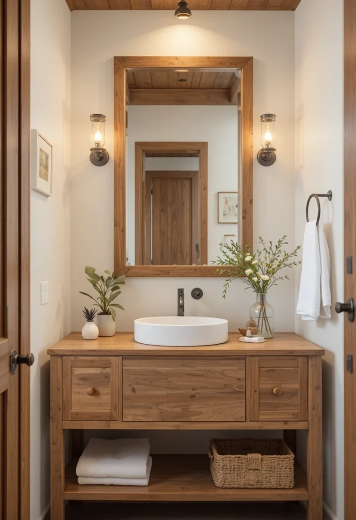 Guest bathroom with natural wood accents and warm earthy textures.