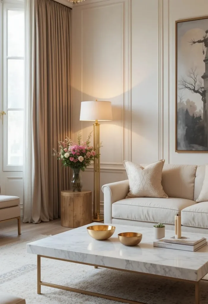 Gold floor lamp adding warmth and elegance to a neutral living room.
