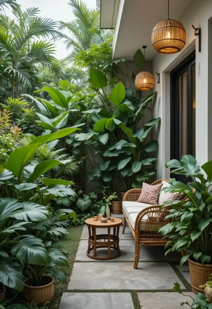 tropical balcony garden ideas with large leafy plants