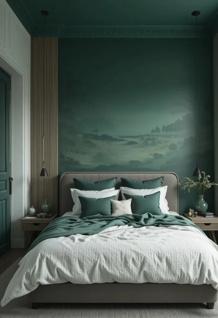 Monochrome dark green bedroom with layered shades creating depth and harmony