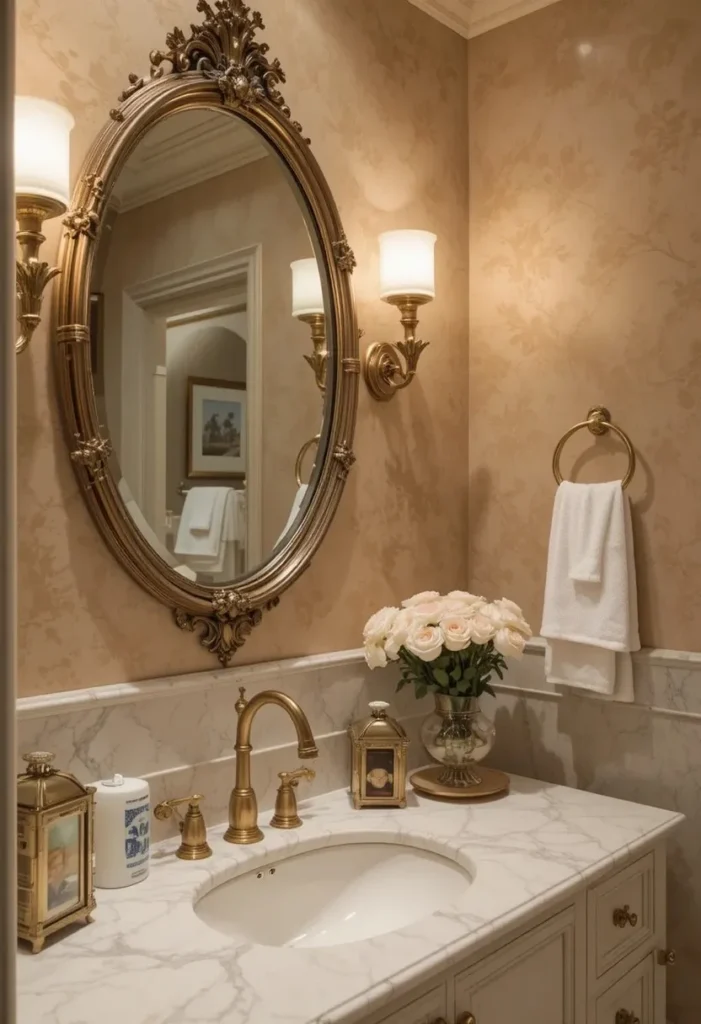 Guest bathroom with warm brass accents and elegant neutral decor.