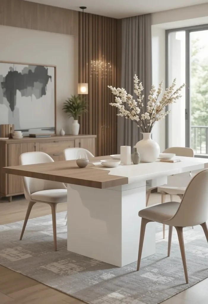 Two-tone dining table creating subtle contrast in a stylish dining space