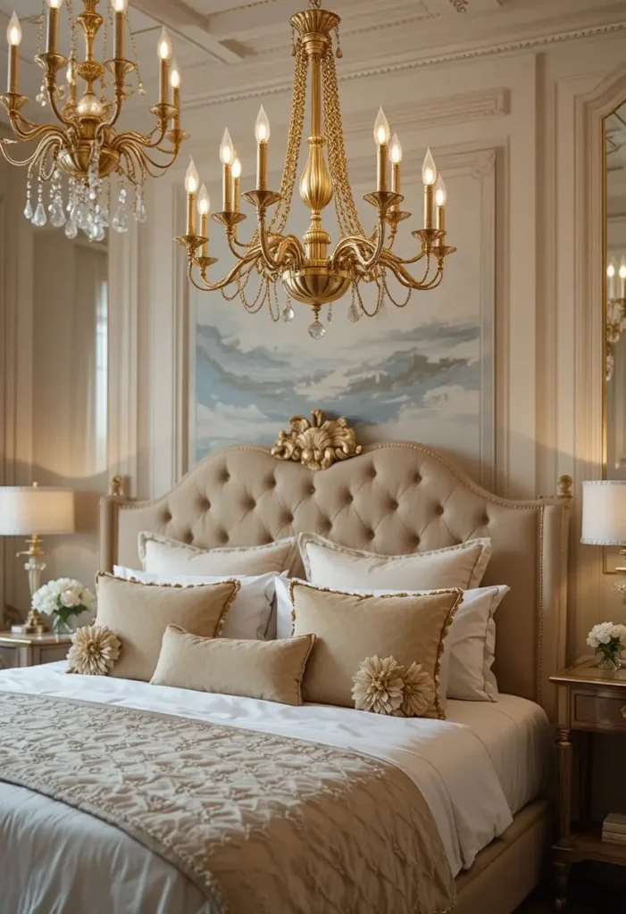 Warm gold chandelier in a luxurious bedroom