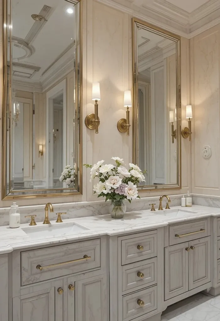 Double sink bathroom with tall mirrors and brass sconces for a balanced elegant look.