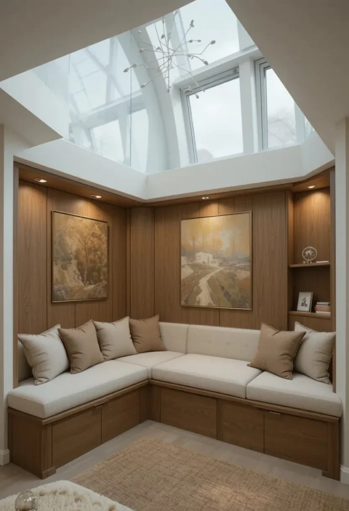 Sunken living room with built-in seating and smart space design.