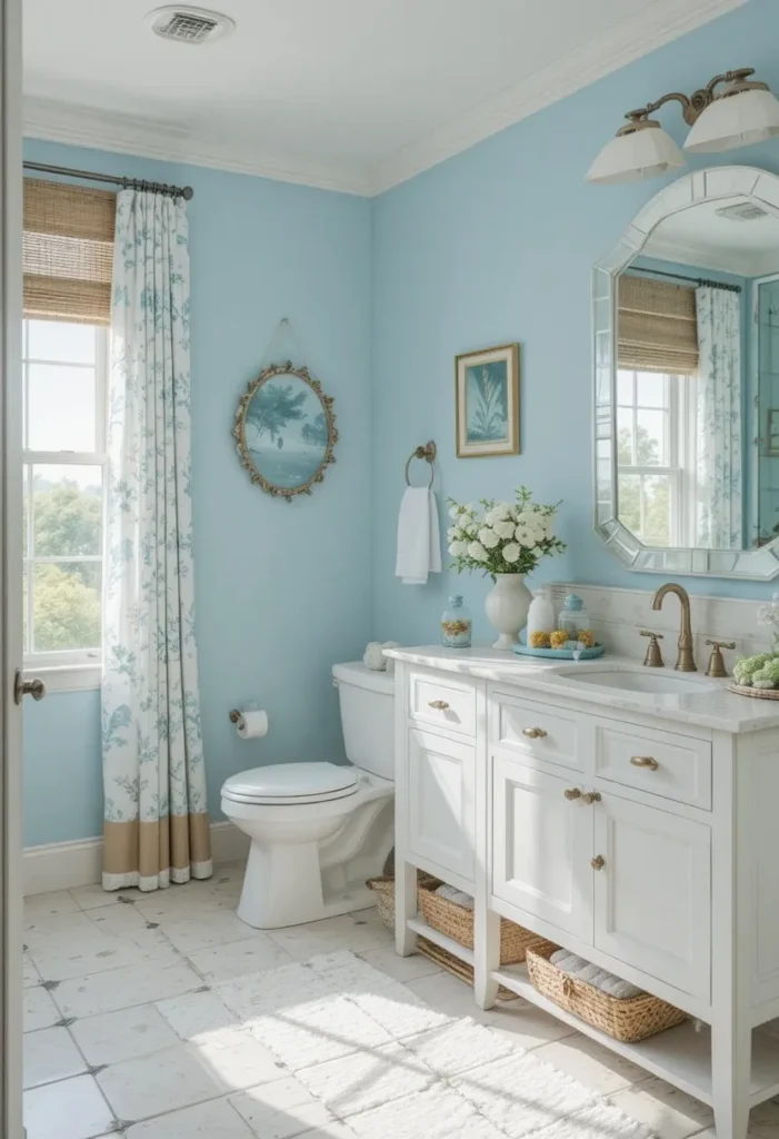 Coastal-inspired guest bathroom with soft blue tones and beachy decor.