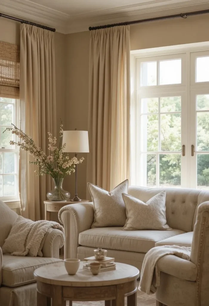 Beige linen curtains adding warmth to a cozy neutral living room.