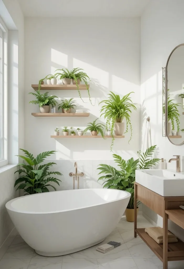 bathroom plant wall shelves creating spa-like atmosphere