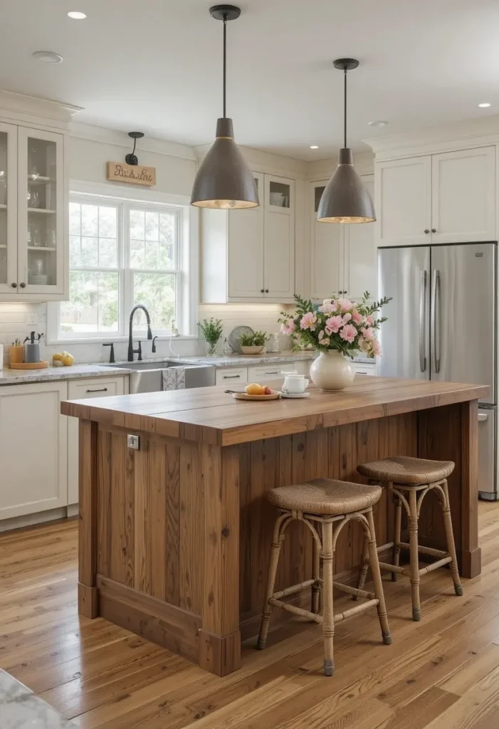 Cozy neutral kitchen with textured island and warm lighting