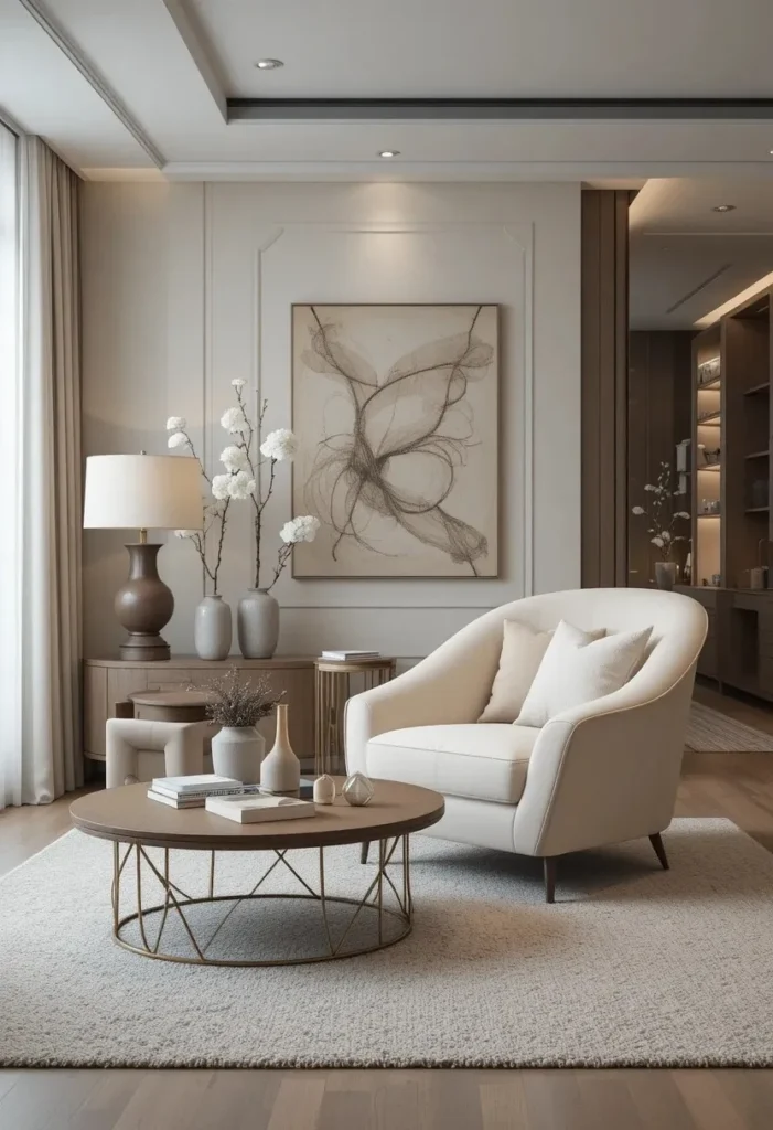Curved accent chair softening a modern living room layout.