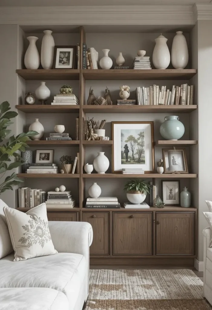 Built-in shelves styled with books and decor for a curated look
