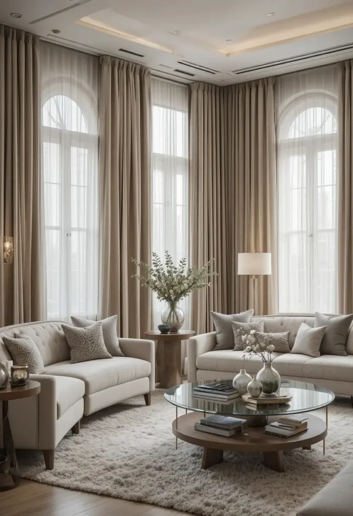 Layered neutral curtains with sheers in a warm modern living room.