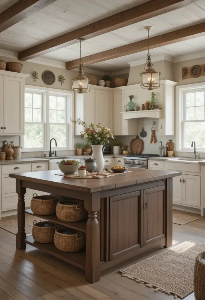 Farmhouse L shaped kitchen with rustic wood island and cozy textures.