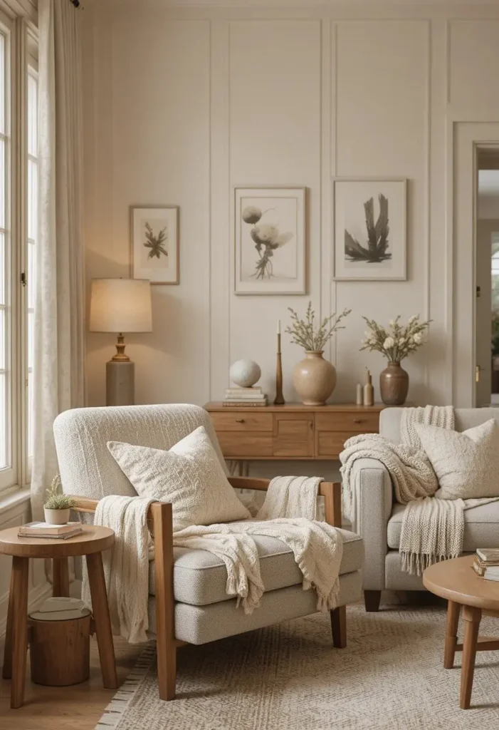 Soft beige painted living room with warm cozy styling.