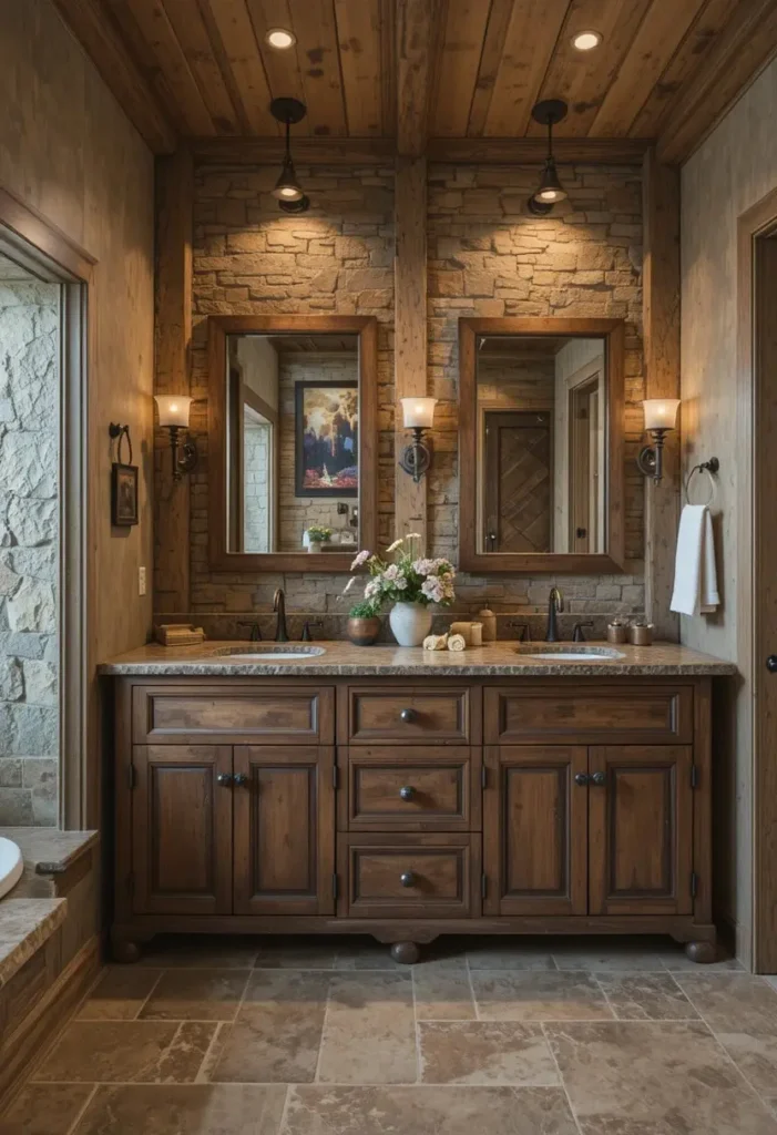 Rustic double sink bathroom with stone textures and warm wood vanity.