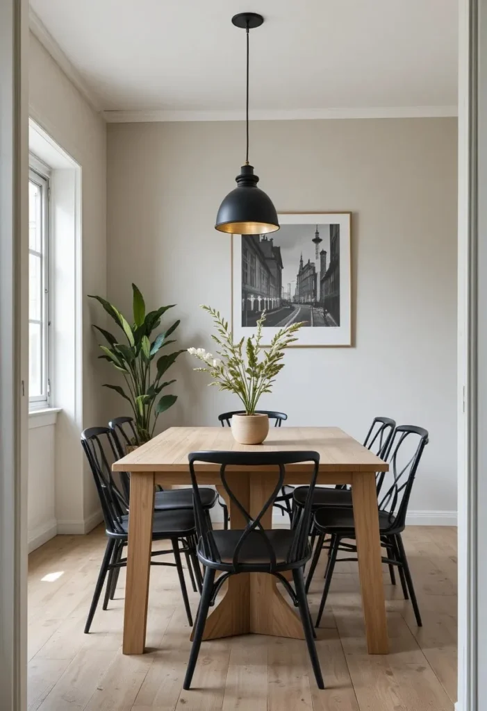 Black dining chairs adding subtle contrast to neutral dining room