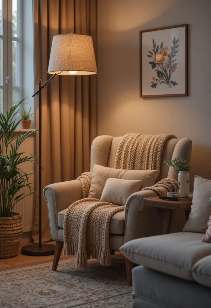 Warm floor lamp lighting a cozy reading corner with an armchair.