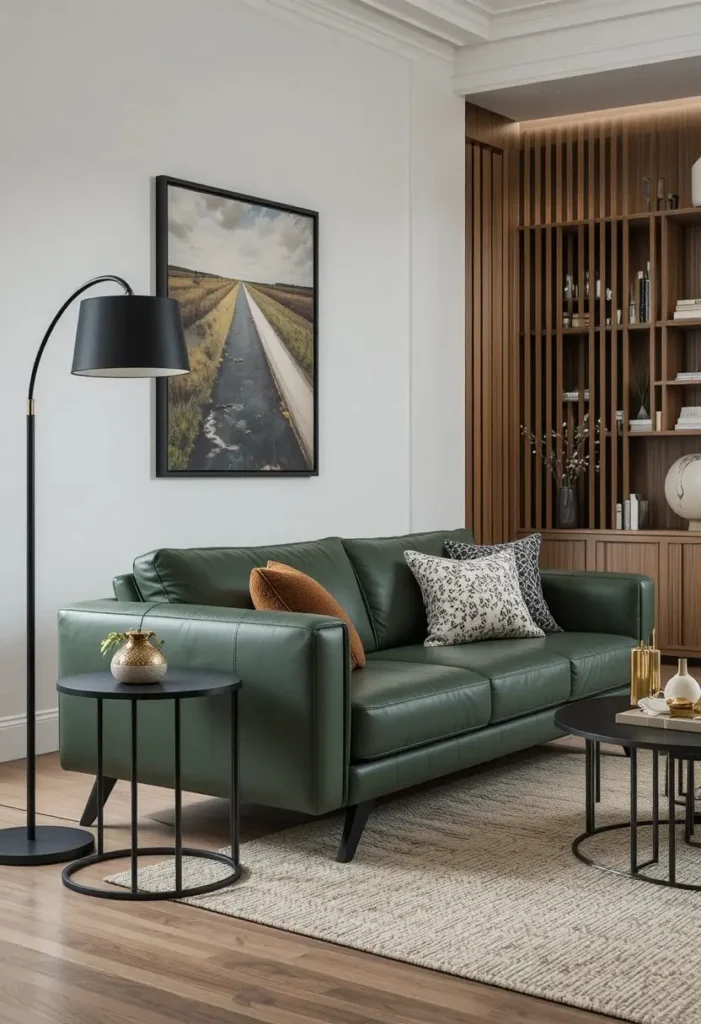 Green leather couch with black metal accents