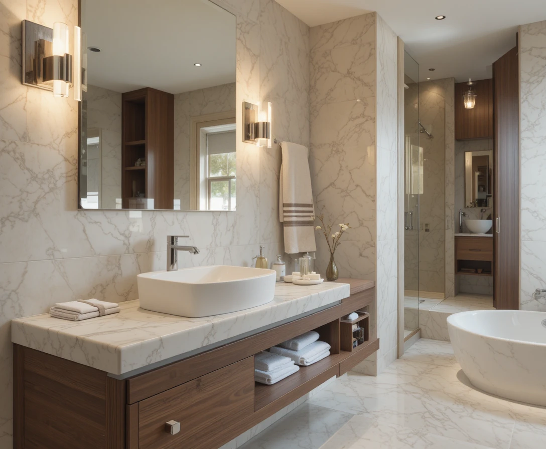 Stylish modern bathroom sink ideas with warm lighting and elegant neutral decor.