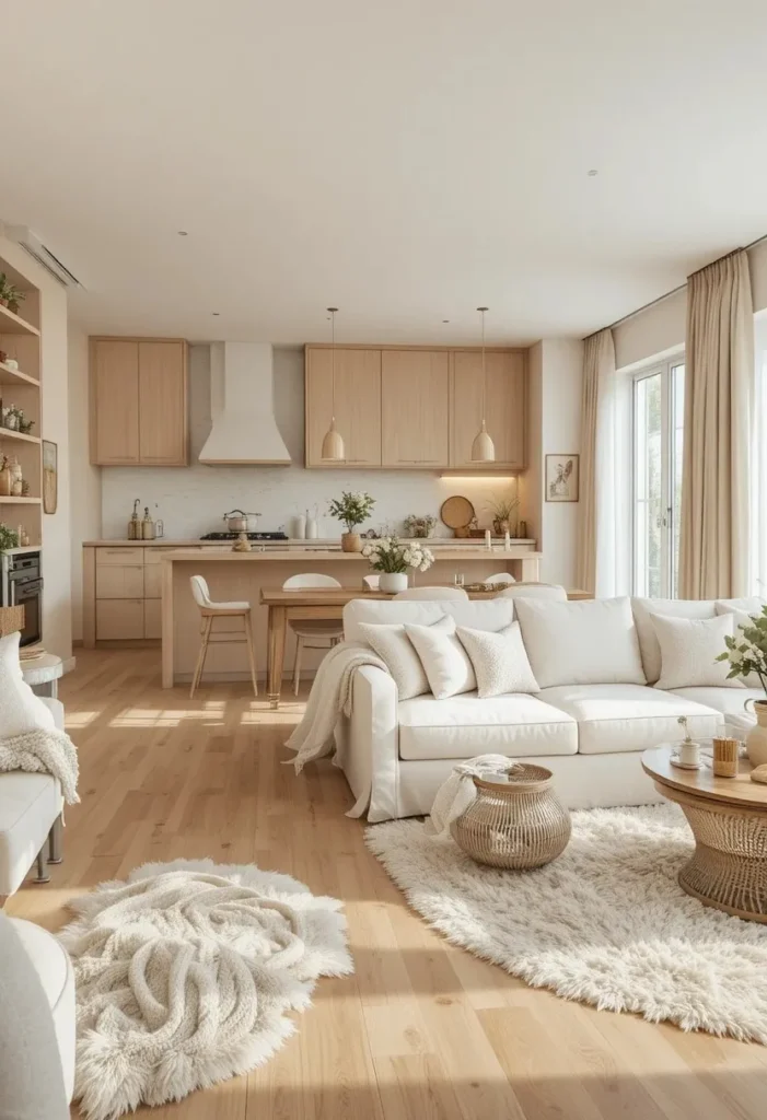 Warm neutral open-concept living room and kitchen with soft textures