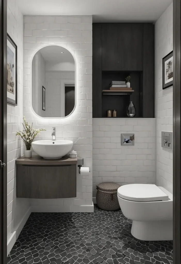 Small bathroom with black hexagon floor tiles