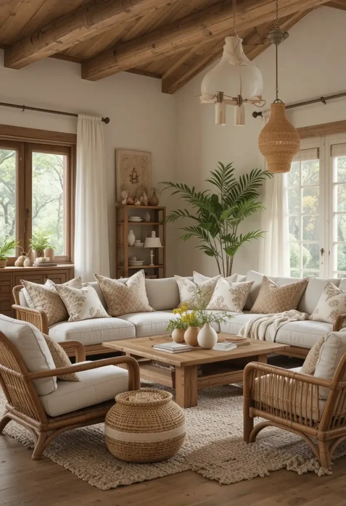 Boho living room with mixed natural materials