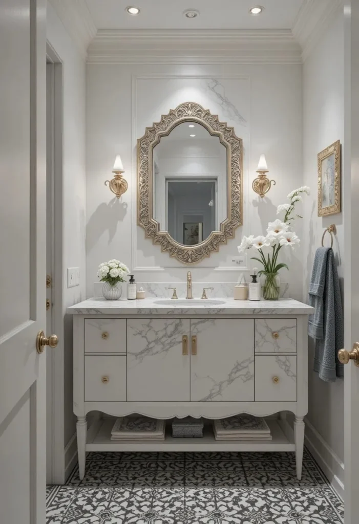 Guest bathroom with bold patterned floor tiles and modern styling.