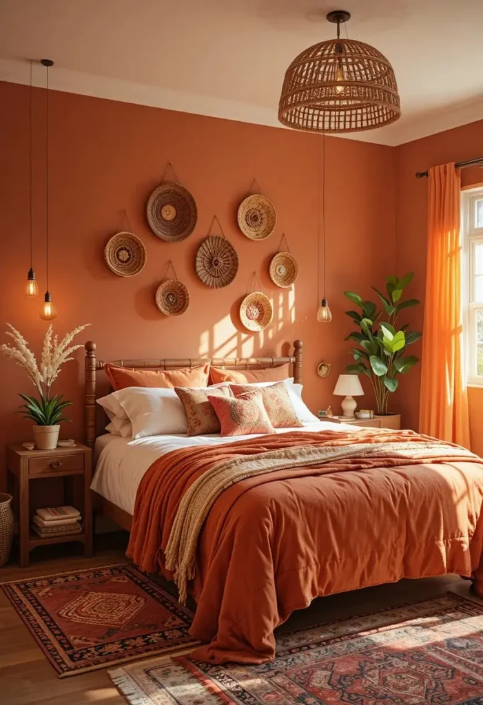 Boho orange bedroom with woven textures and natural decor.