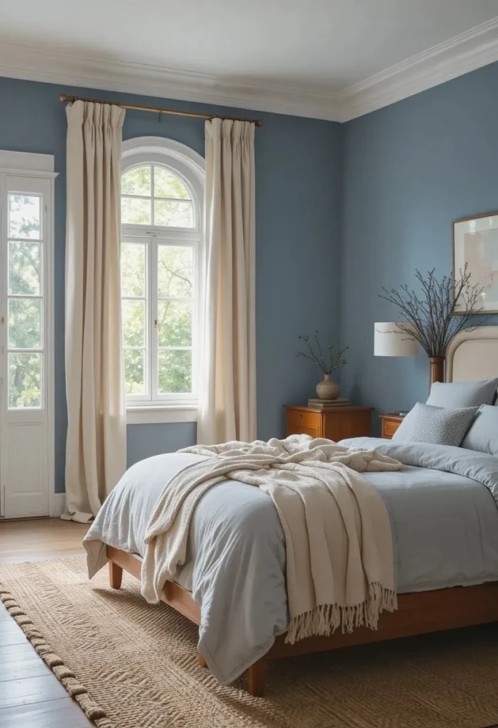 blue and beige bedroom with warm relaxing neutral tones
