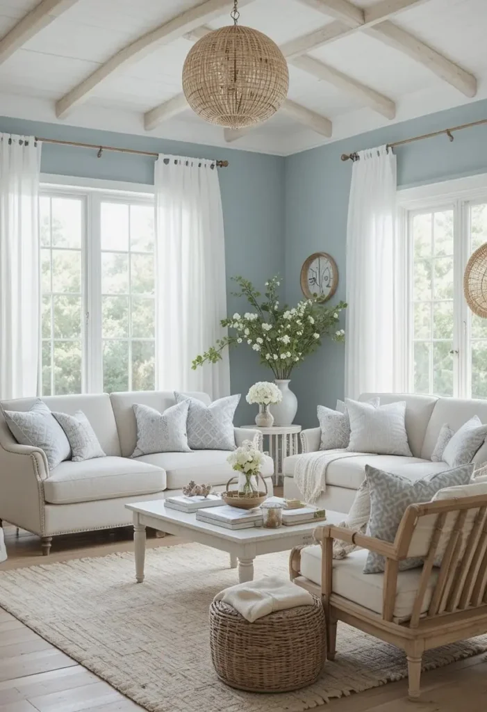 Dusty blue living room walls with relaxed coastal-inspired decor.