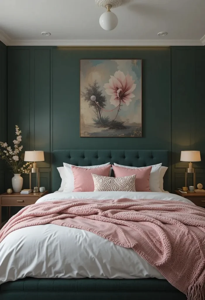 Dark green bedroom with soft pink accents creating a balanced and calming look
