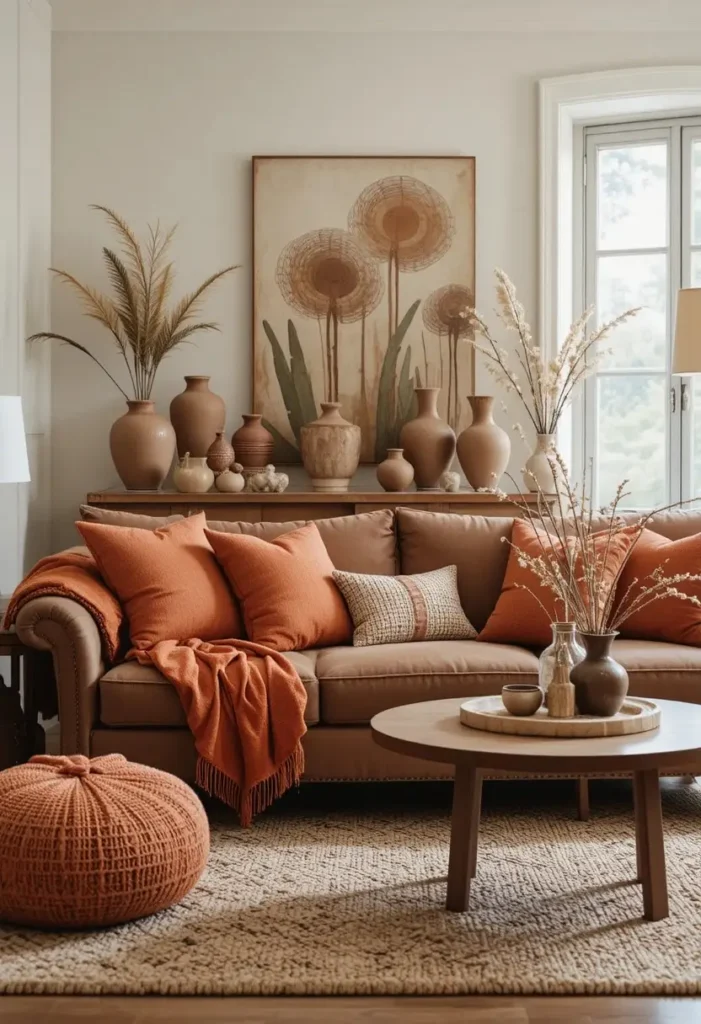 Brown couch styled with terracotta and rust accents