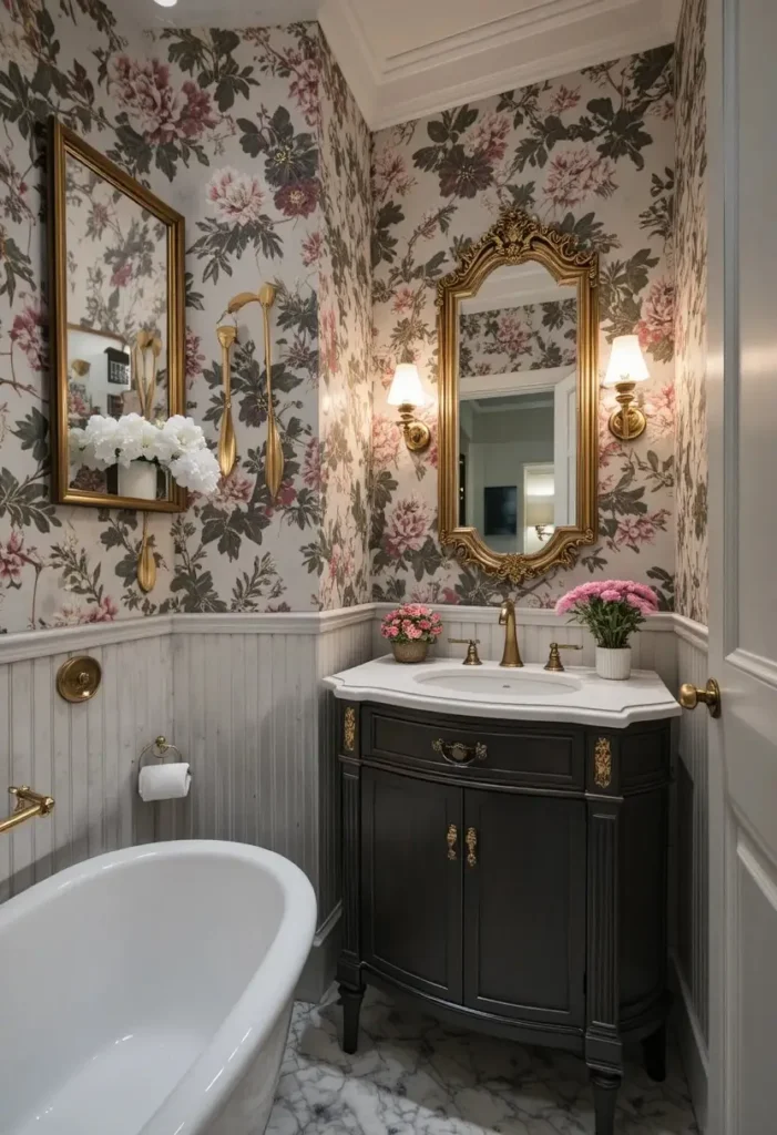 Guest bathroom with floral wallpaper and elegant decorative details.