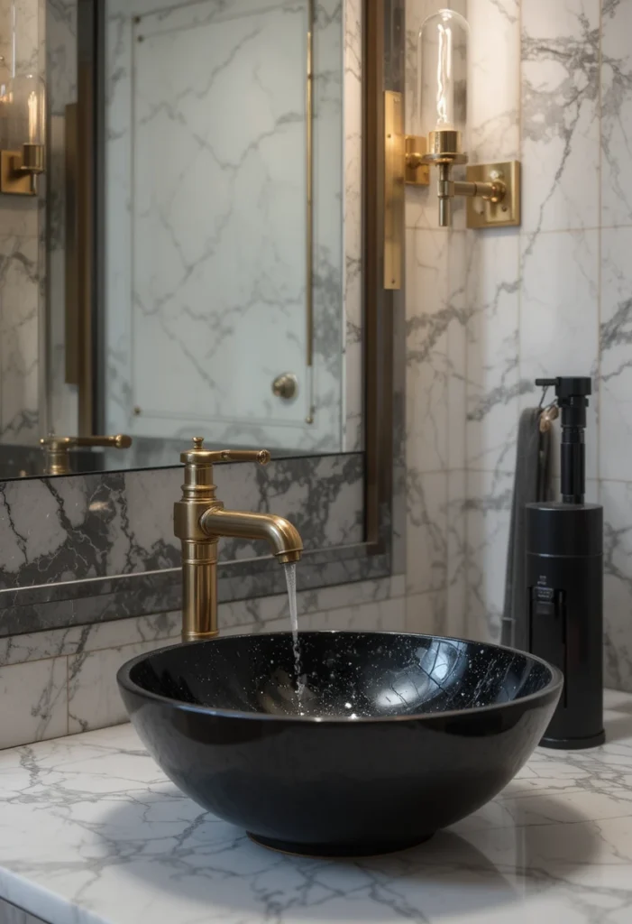 Modern vessel basin sink with brass fixtures and marble countertop.